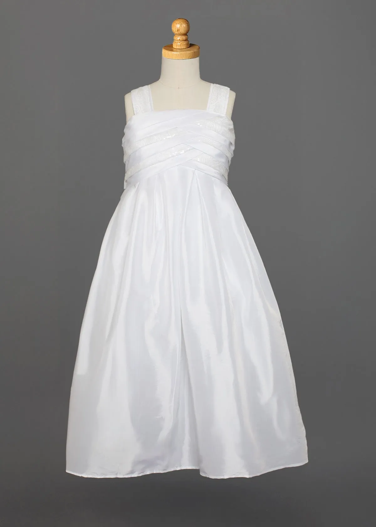 Criss-Cross Bodice Communion Dress in Taffeta and Sequin Fabric