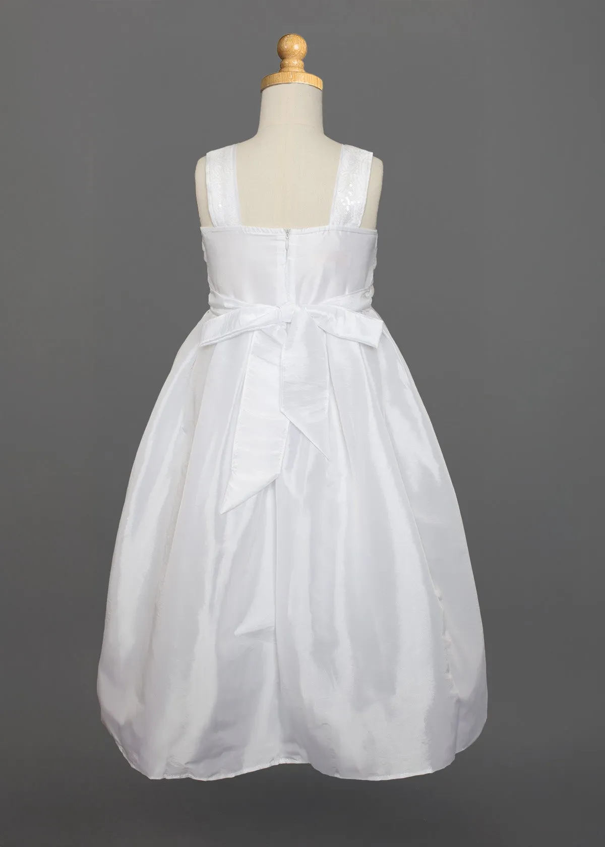 Criss-Cross Bodice Communion Dress in Taffeta and Sequin Fabric
