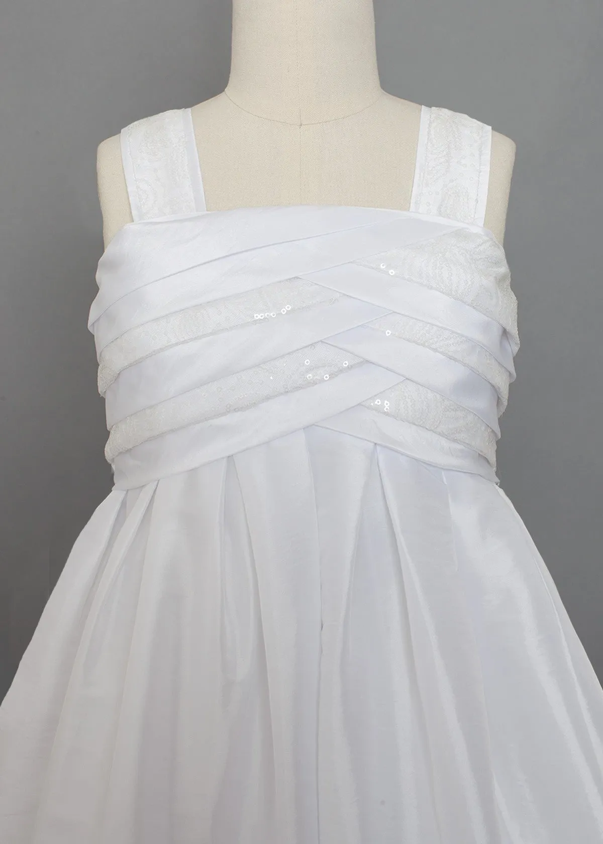 Criss-Cross Bodice Communion Dress in Taffeta and Sequin Fabric