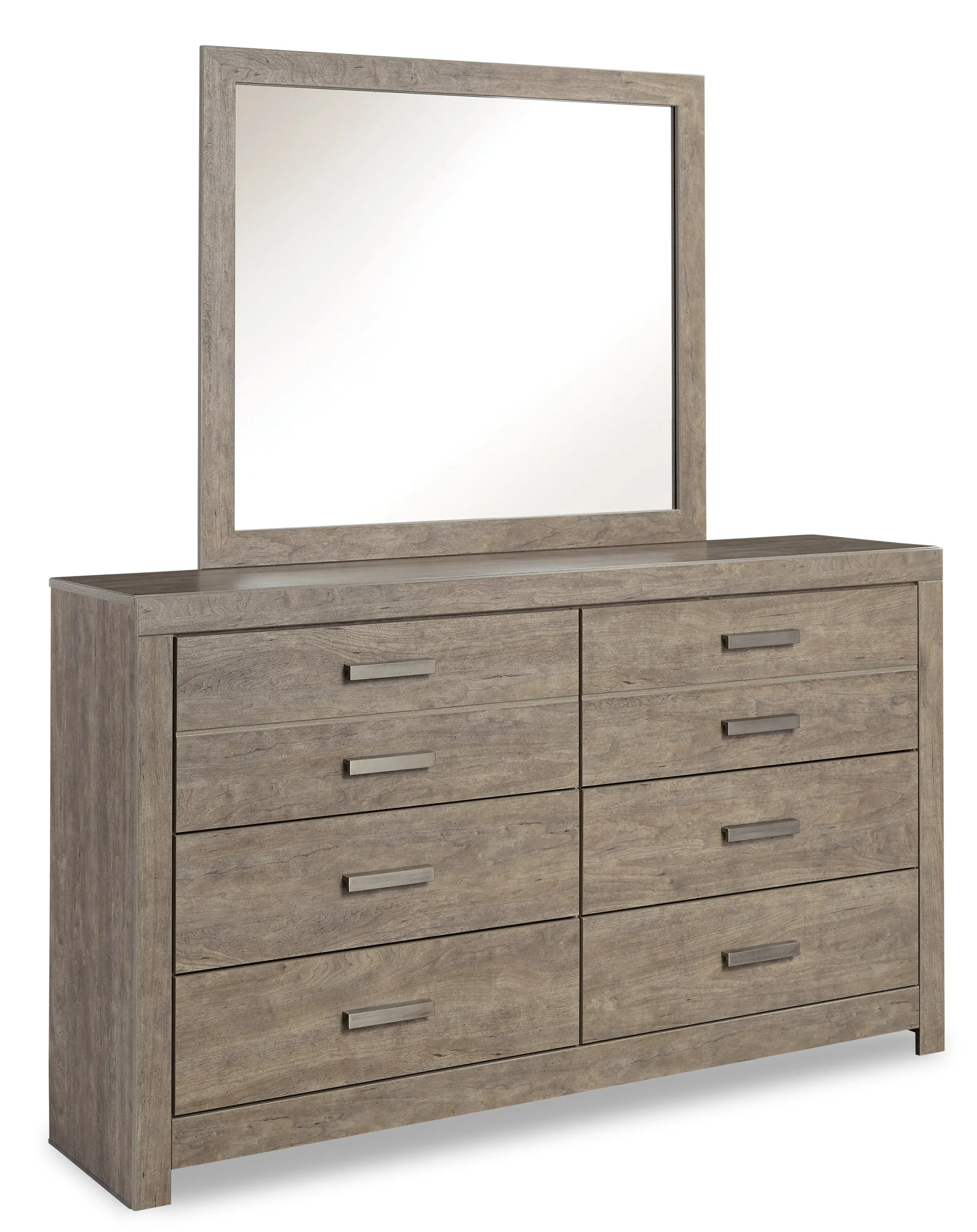 Culverbach Queen Panel Bed with Mirrored Dresser and Chest in Gray