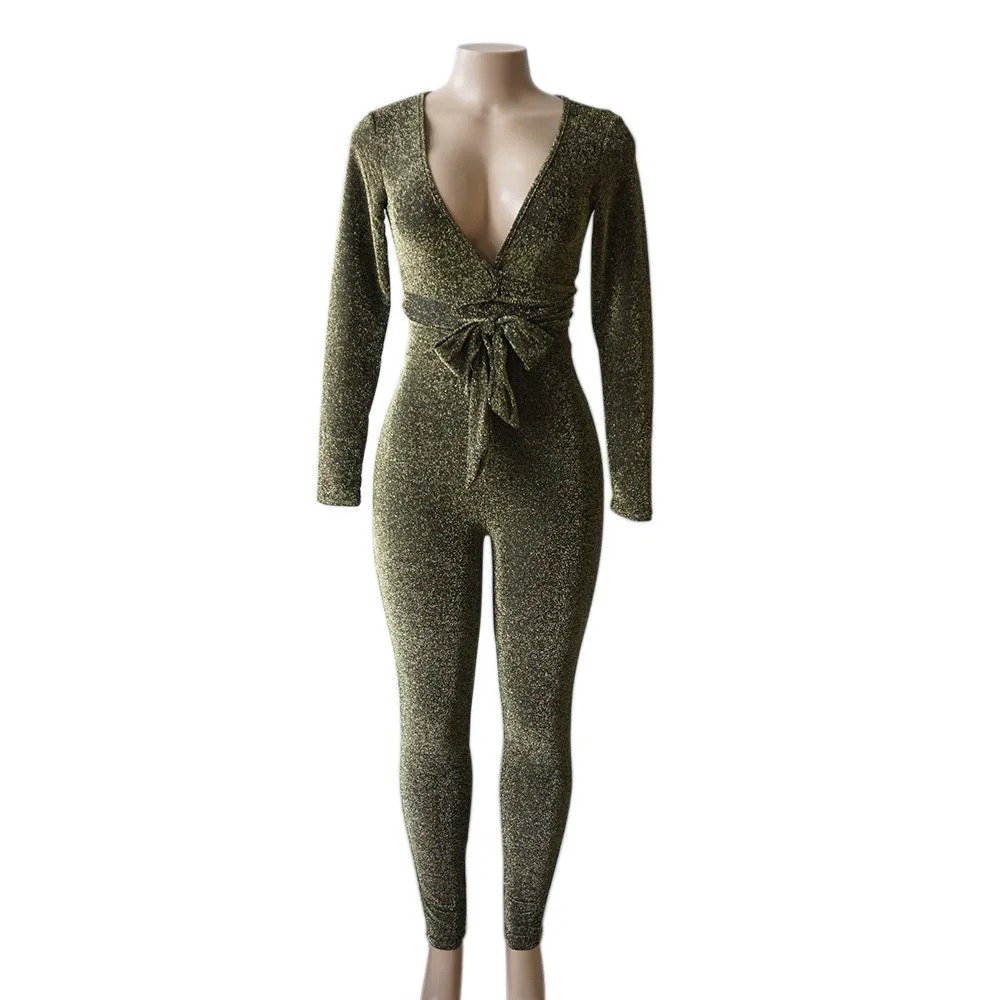 Deep V-neck Long Sleeves High Waist Long Skinny Jumpsuits
