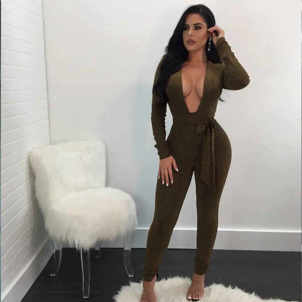 Deep V-neck Long Sleeves High Waist Long Skinny Jumpsuits