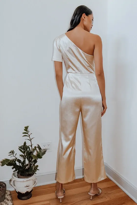 Divine Dream Champagne Satin One-Shoulder Culotte Jumpsuit