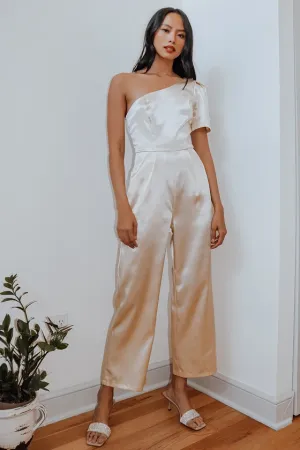 Divine Dream Champagne Satin One-Shoulder Culotte Jumpsuit