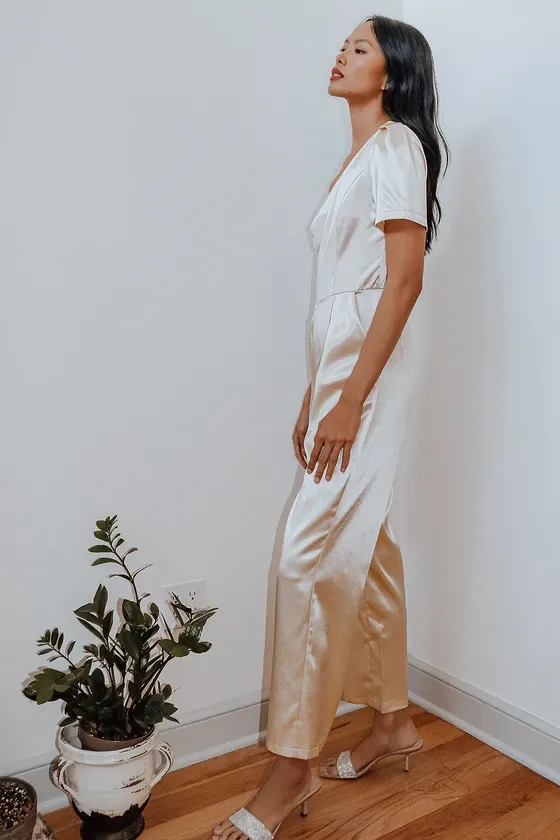 Divine Dream Champagne Satin One-Shoulder Culotte Jumpsuit