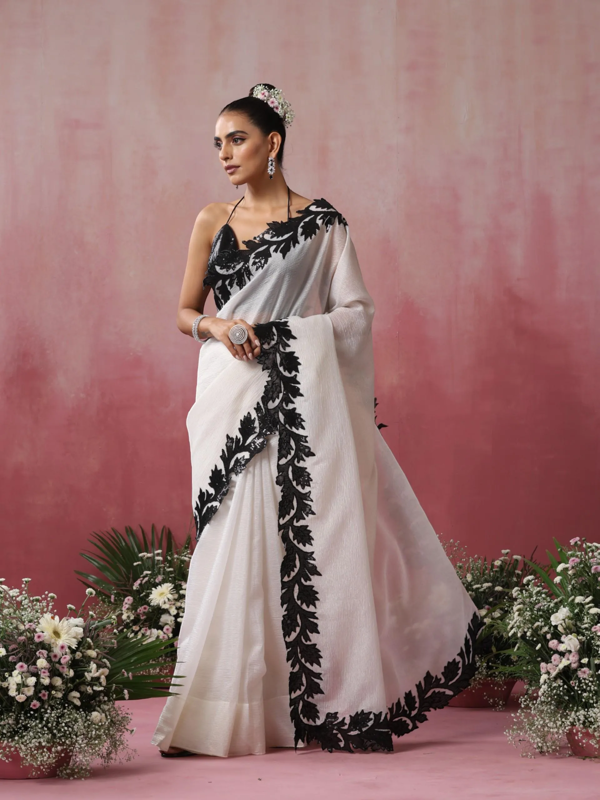 Double Life White Gold Crushed Organza Saree with Sequin Blouse Fabric