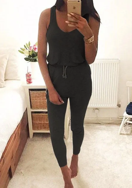 Drawstring Sleeveless Scoop Pure Color Slim Long Jumpsuit