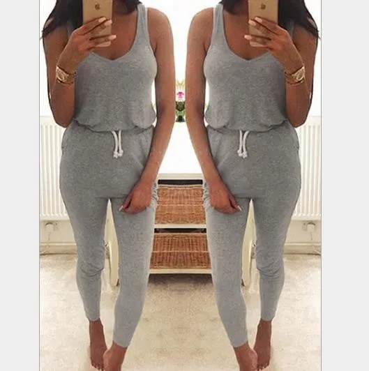 Drawstring Sleeveless Scoop Pure Color Slim Long Jumpsuit