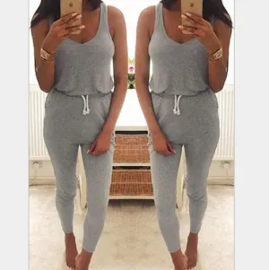 Drawstring Sleeveless Scoop Pure Color Slim Long Jumpsuit