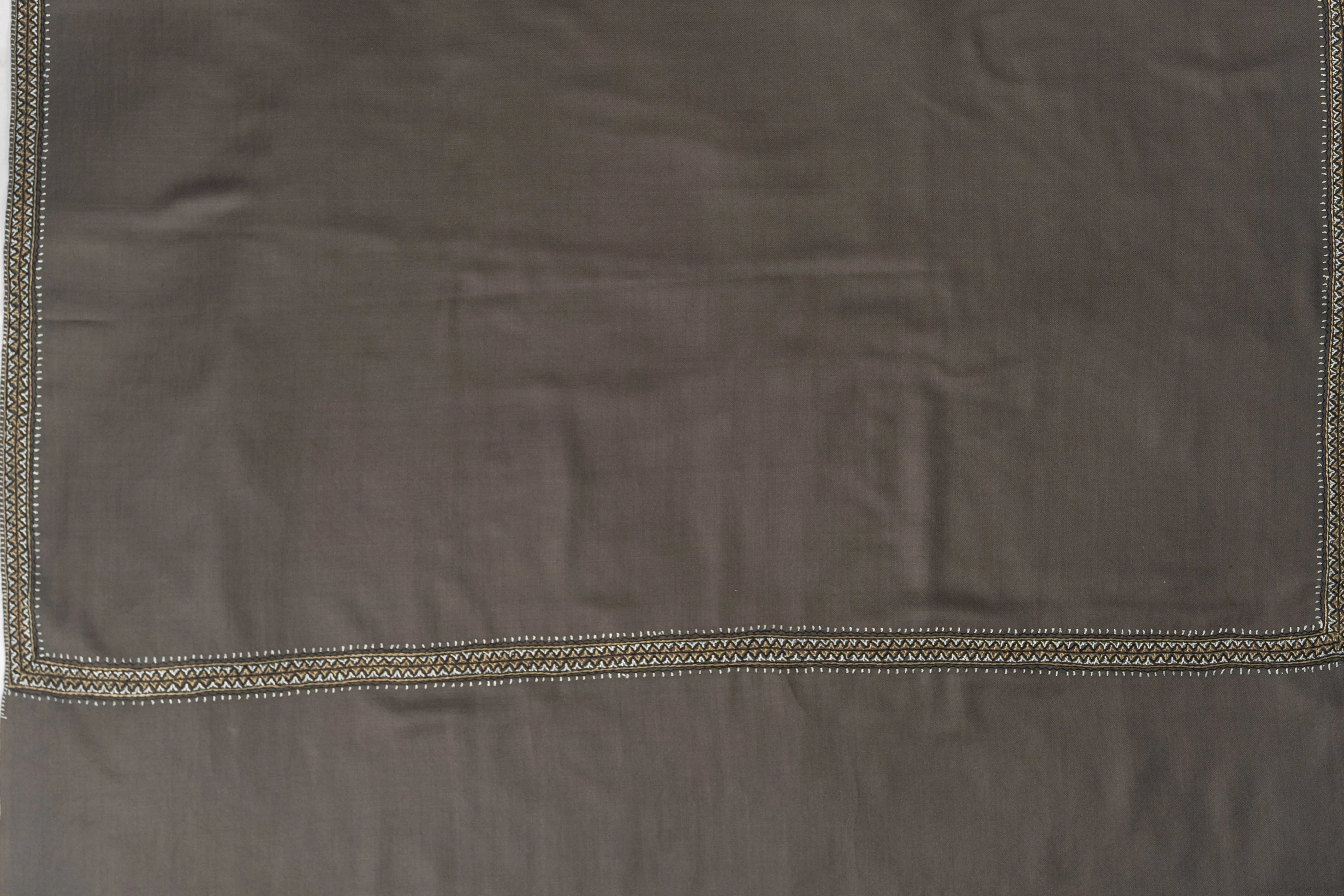 Earthy Glamour: Hand-Embroidered Sozni Border Merino Wool Shawl in Taupe