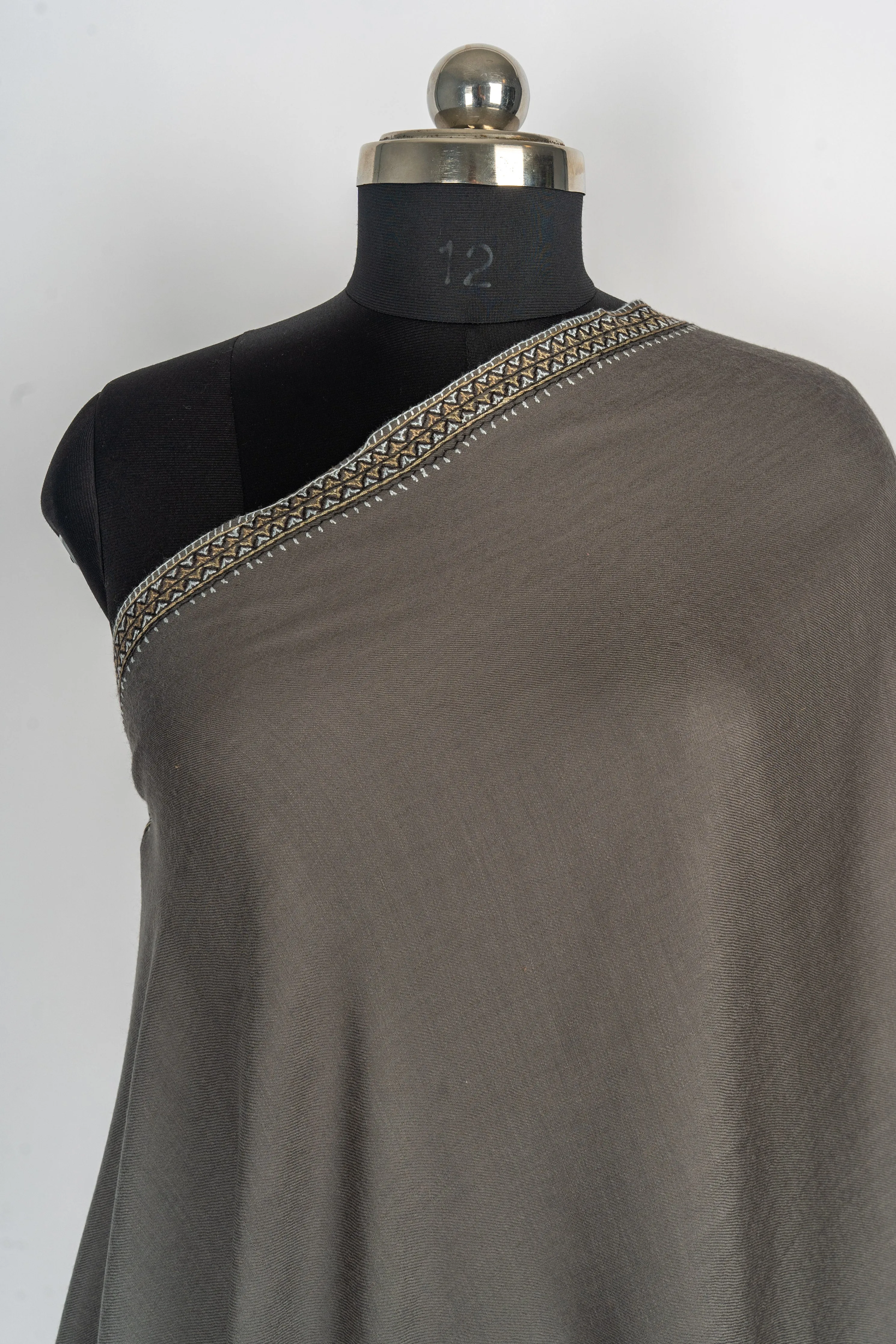 Earthy Glamour: Hand-Embroidered Sozni Border Merino Wool Shawl in Taupe