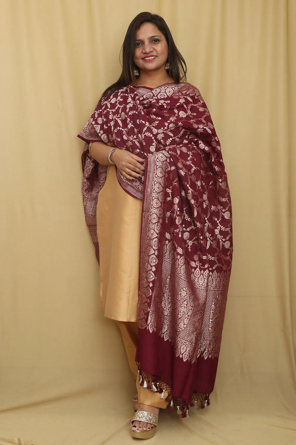 Elegance Maroon Banarasi Handloom Pure Moonga Silk Dupatta