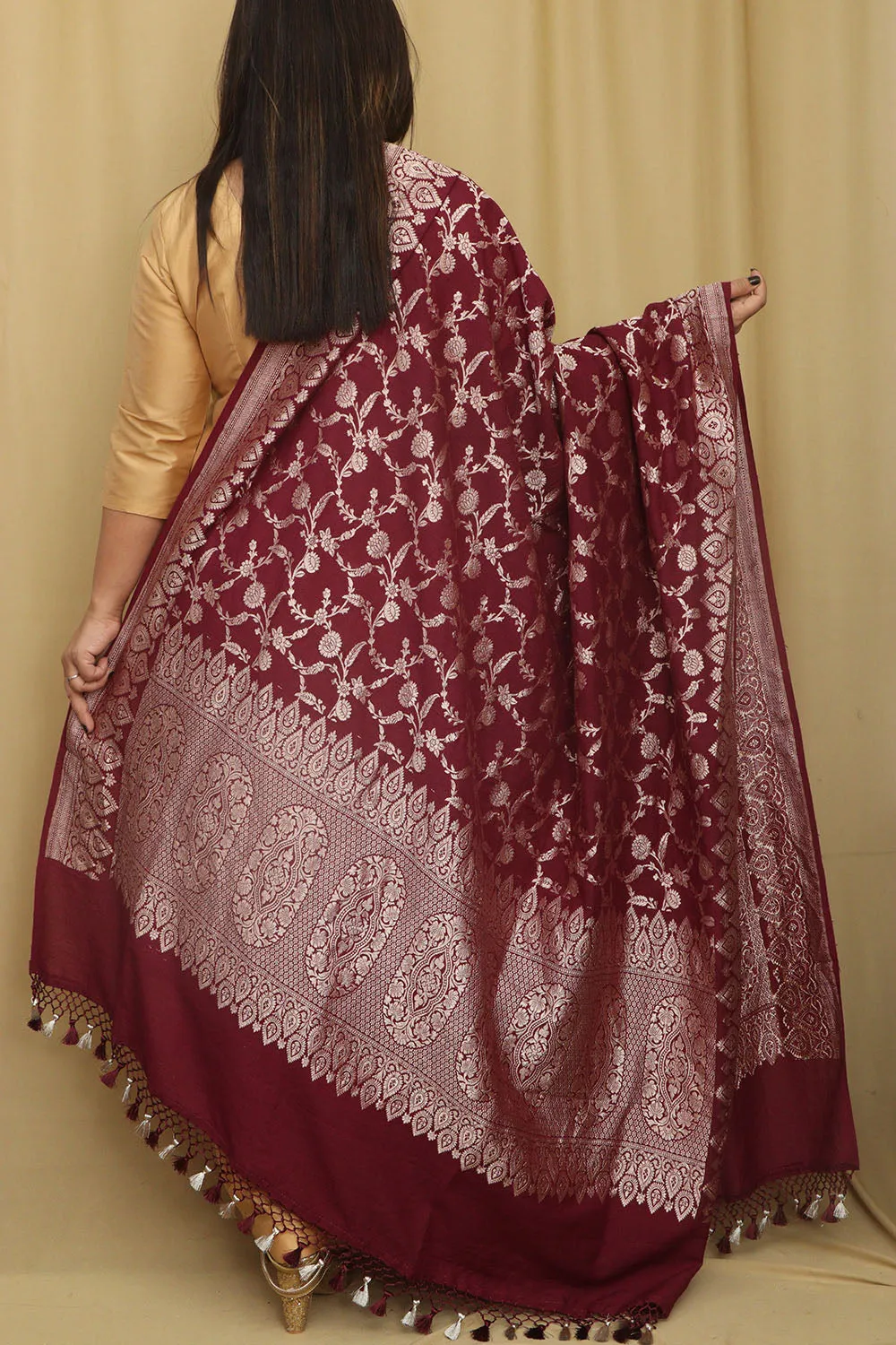 Elegance Maroon Banarasi Handloom Pure Moonga Silk Dupatta