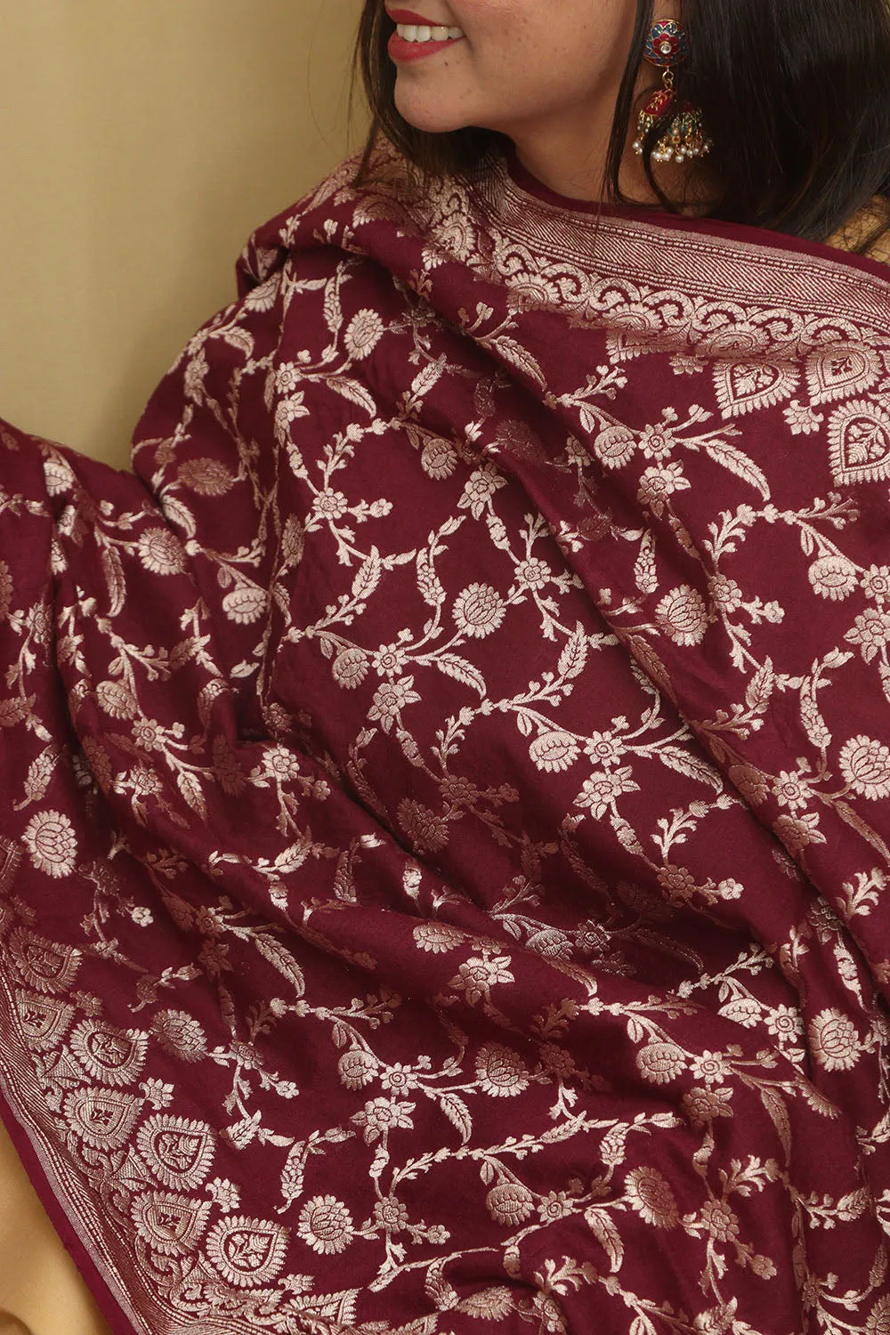 Elegance Maroon Banarasi Handloom Pure Moonga Silk Dupatta