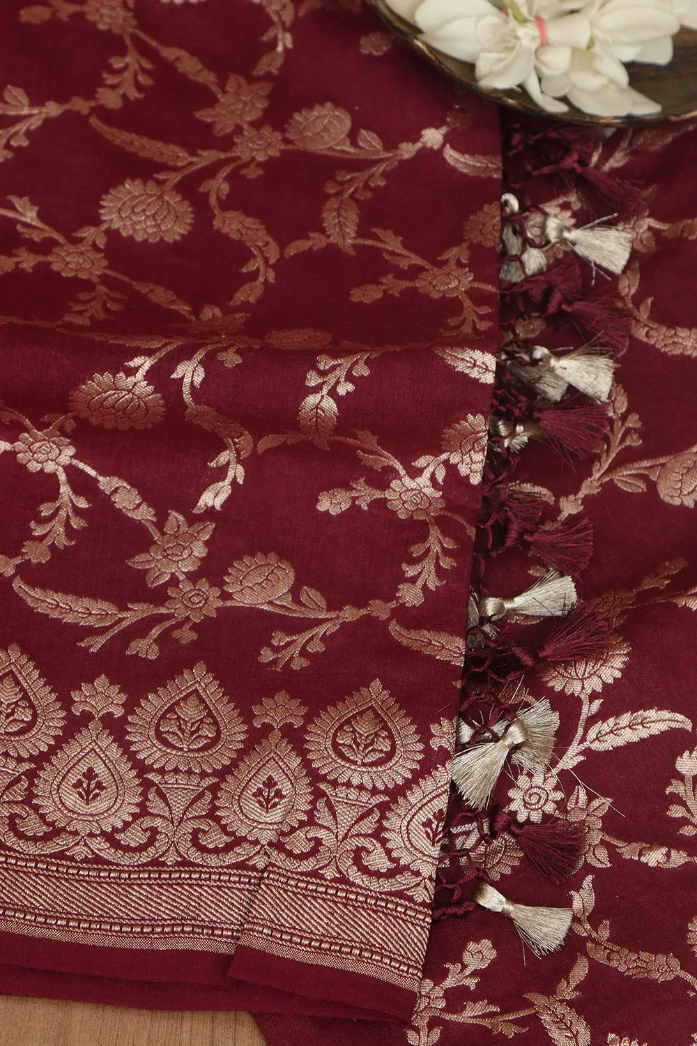 Elegance Maroon Banarasi Handloom Pure Moonga Silk Dupatta