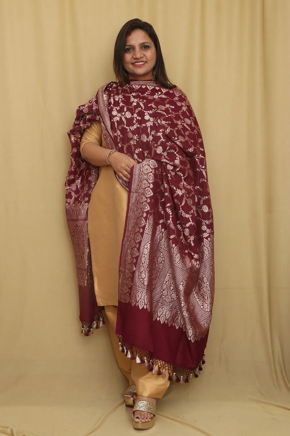 Elegance Maroon Banarasi Handloom Pure Moonga Silk Dupatta