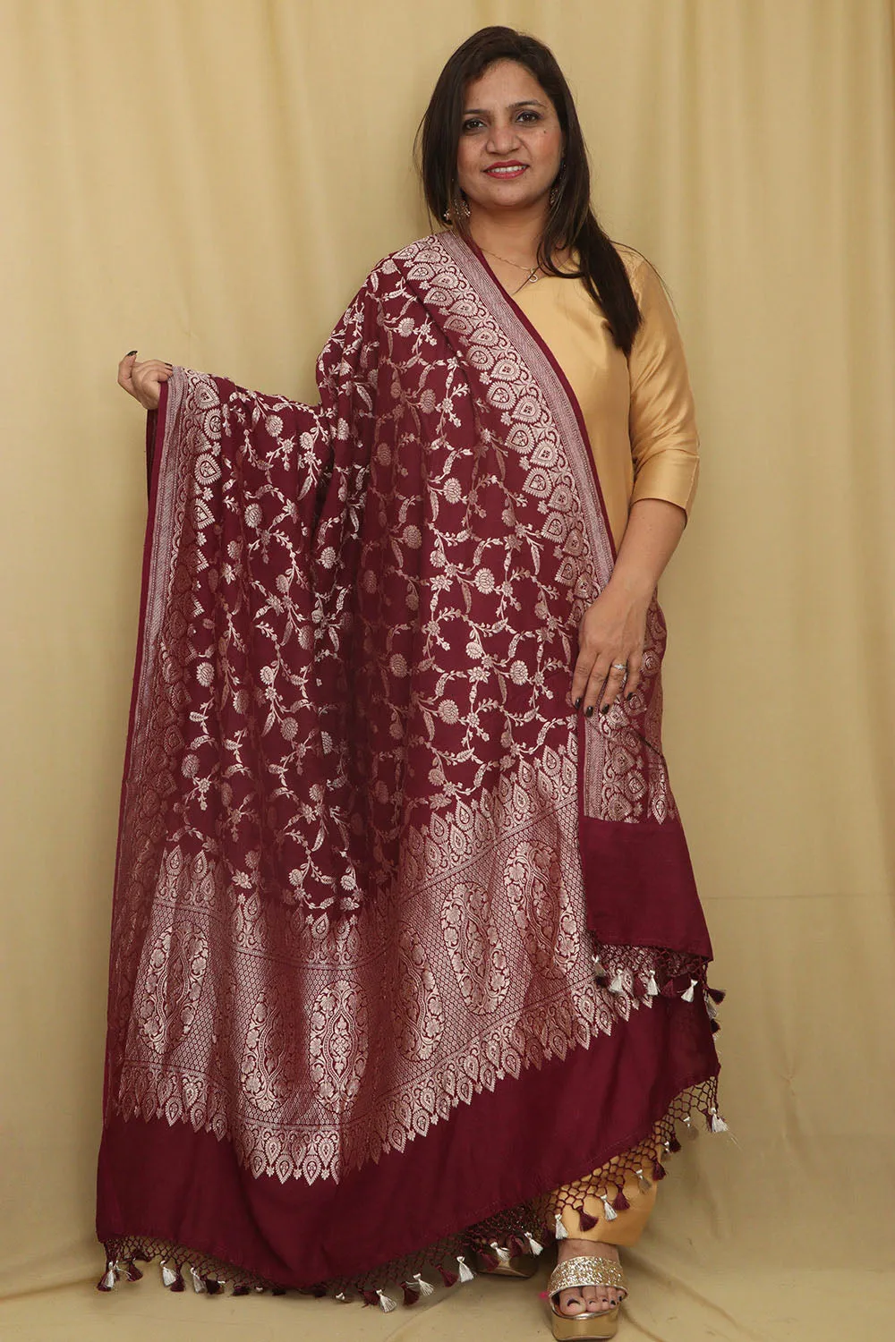 Elegance Maroon Banarasi Handloom Pure Moonga Silk Dupatta