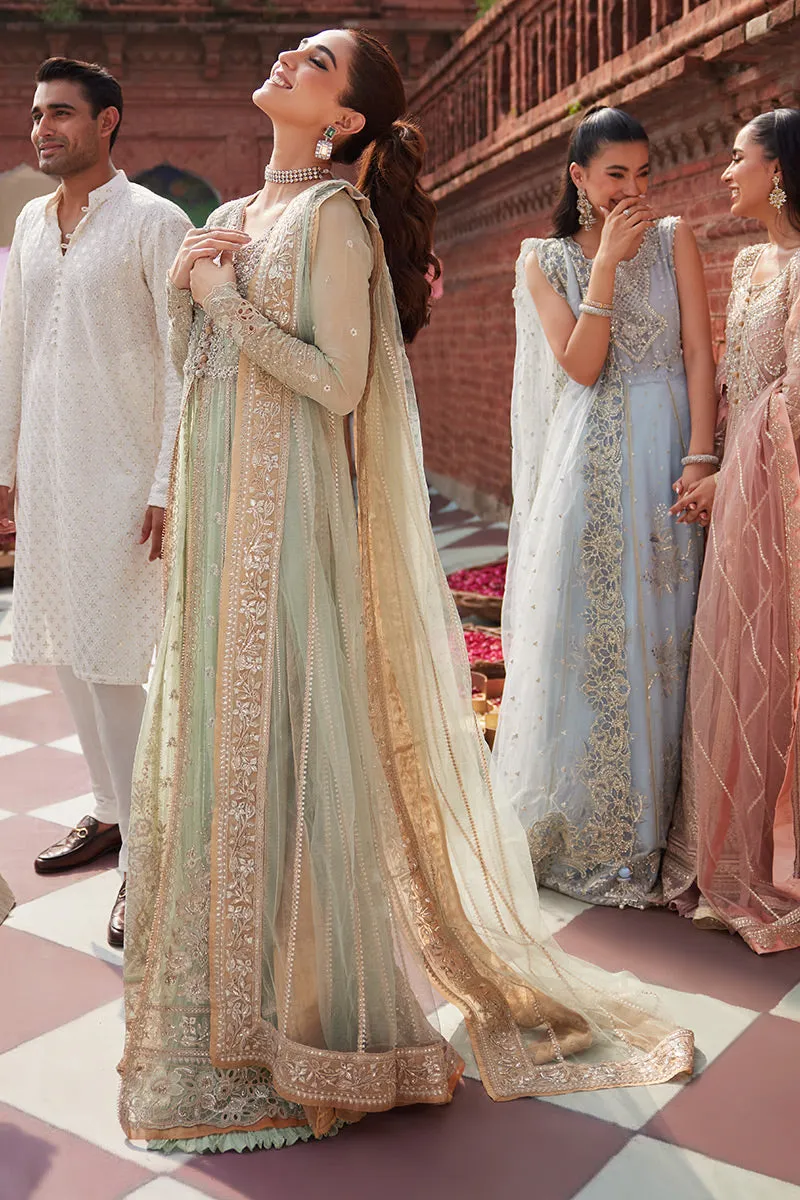 Elegant Mint Green Embroidered Pakistani Wedding Wear Pishwas Frock