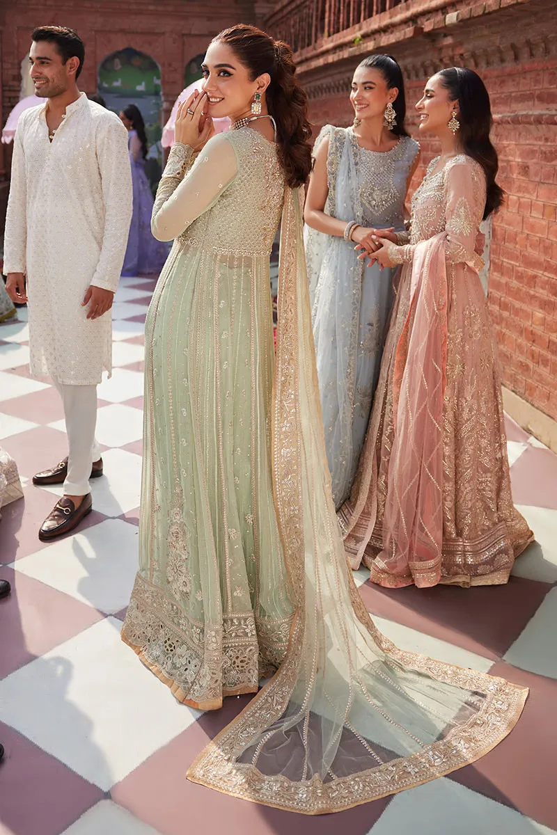 Elegant Mint Green Embroidered Pakistani Wedding Wear Pishwas Frock