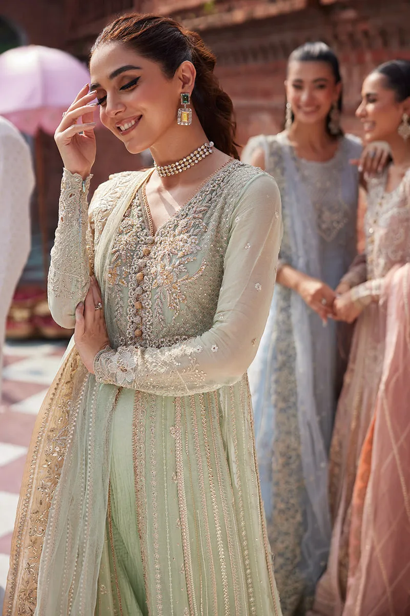 Elegant Mint Green Embroidered Pakistani Wedding Wear Pishwas Frock