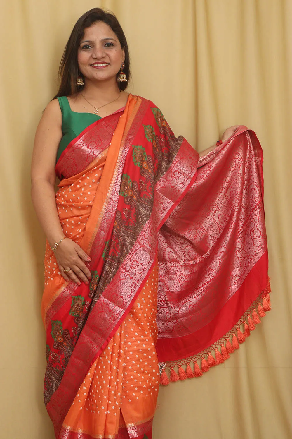 Elegant Orange Banarasi Bandhani Pure Chiniya Silk Saree