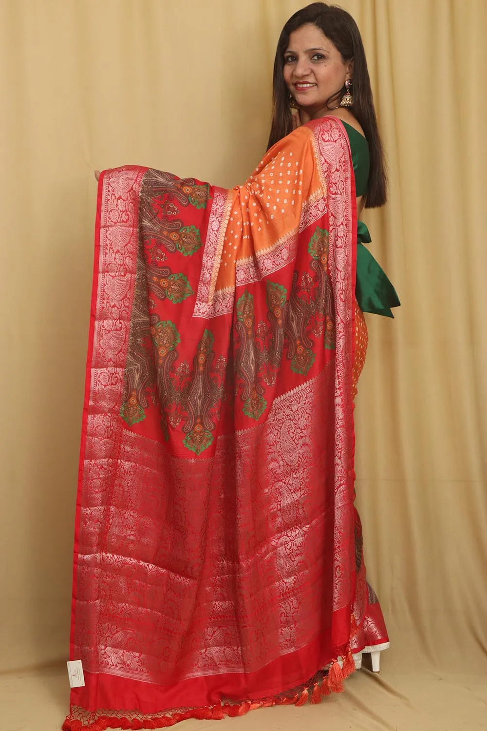 Elegant Orange Banarasi Bandhani Pure Chiniya Silk Saree