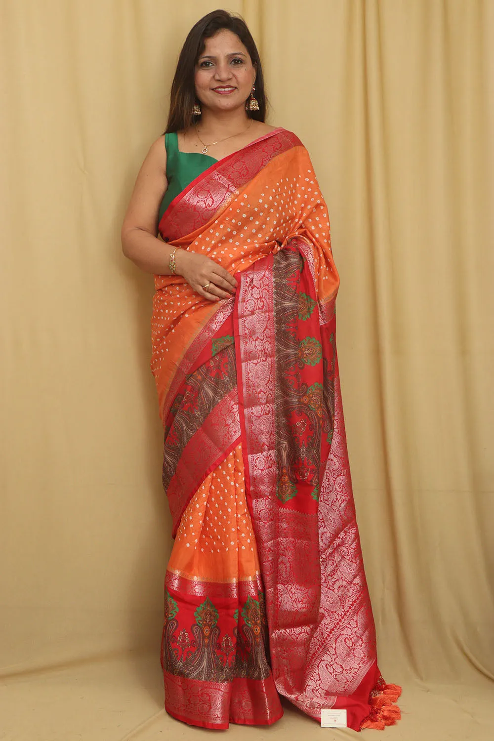 Elegant Orange Banarasi Bandhani Pure Chiniya Silk Saree