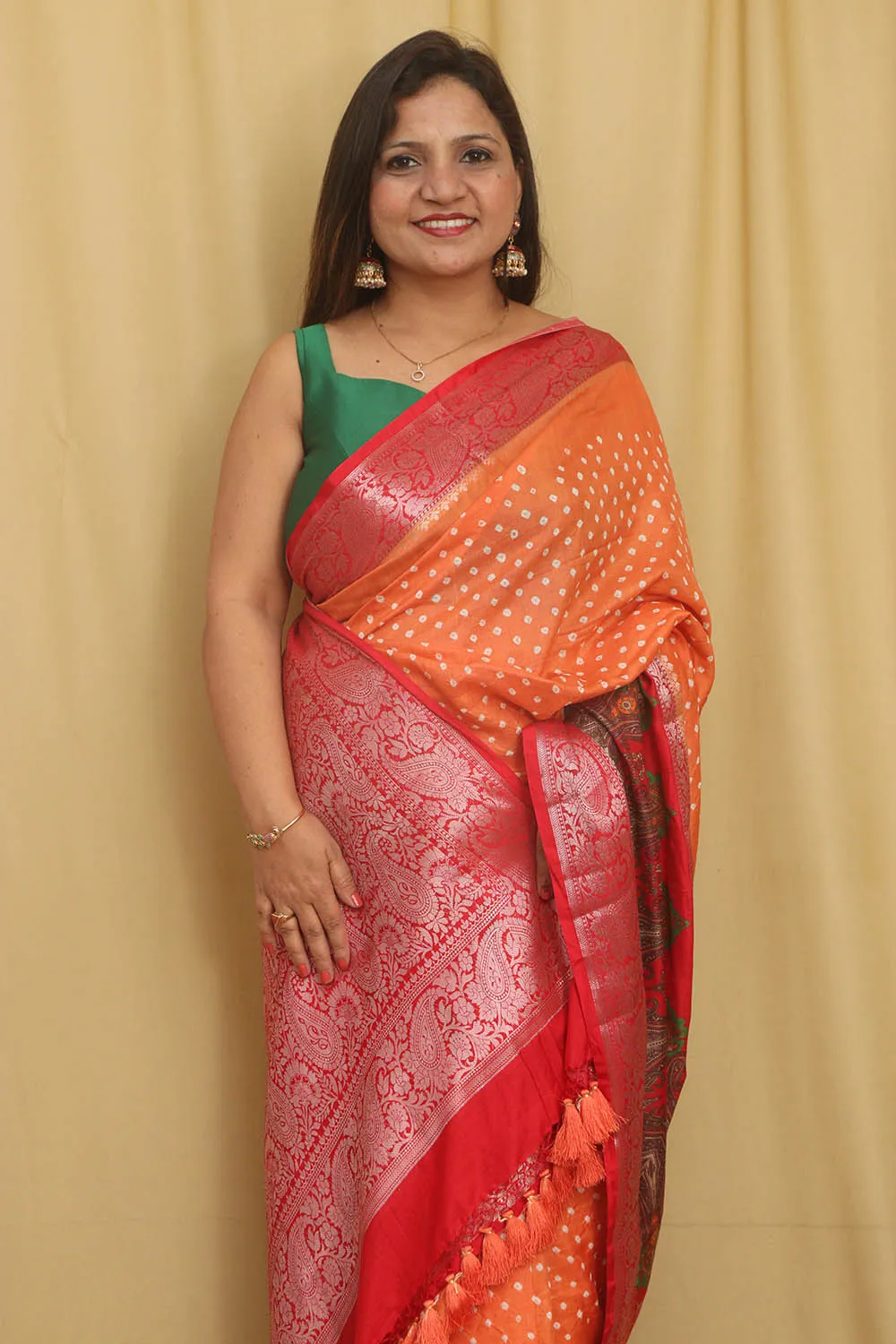 Elegant Orange Banarasi Bandhani Pure Chiniya Silk Saree