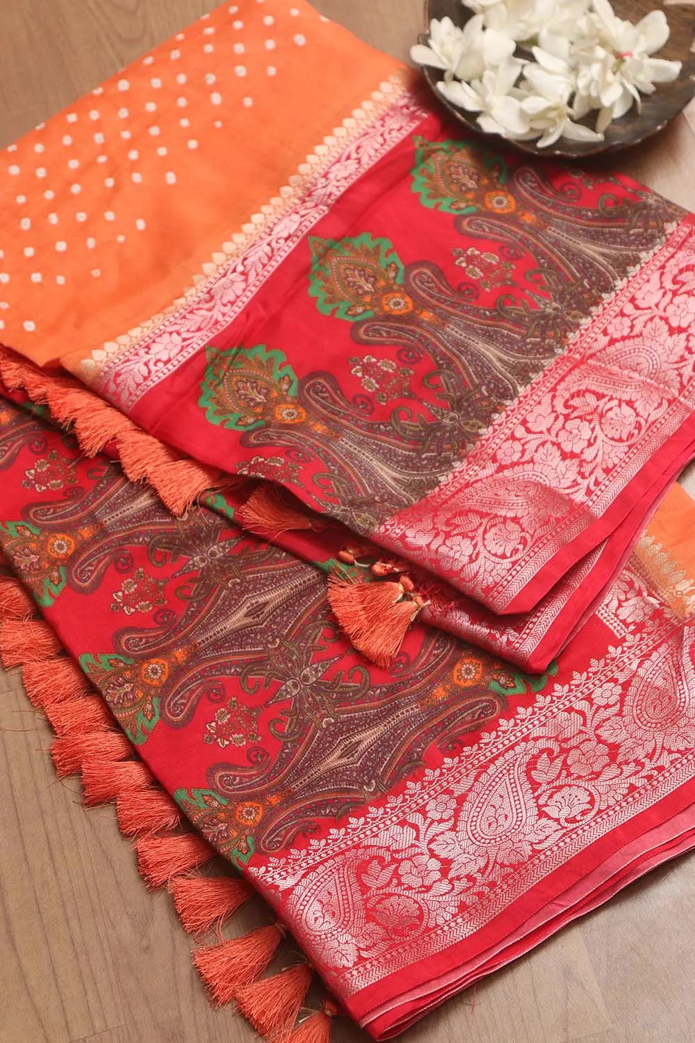 Elegant Orange Banarasi Bandhani Pure Chiniya Silk Saree