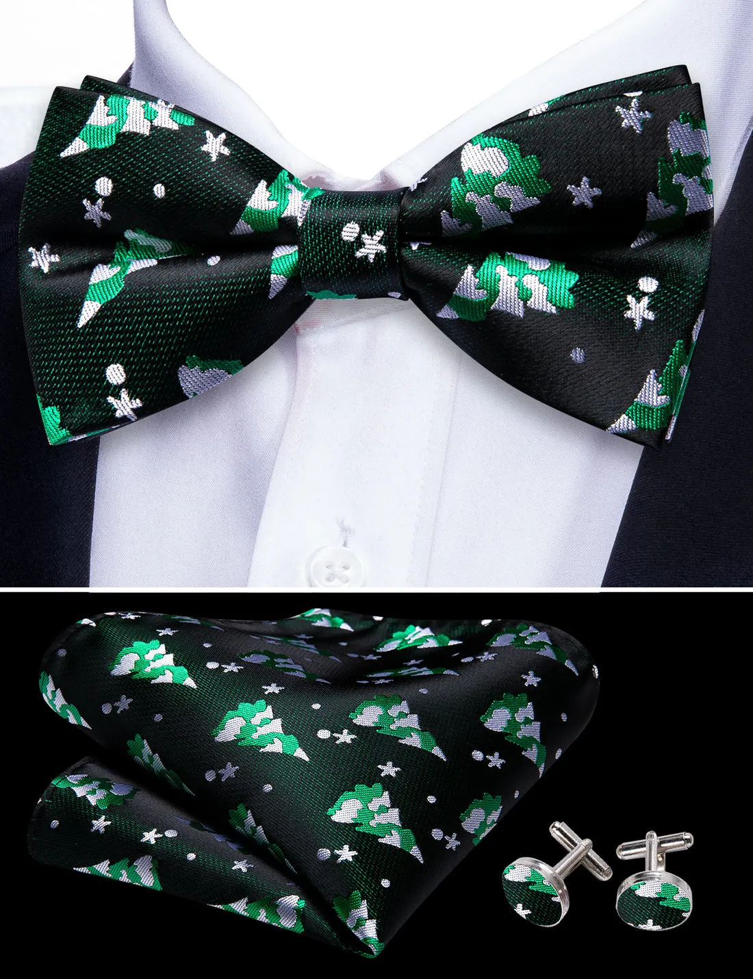 Emerald Green & White Christmas Tree Silk Bow Tie Set