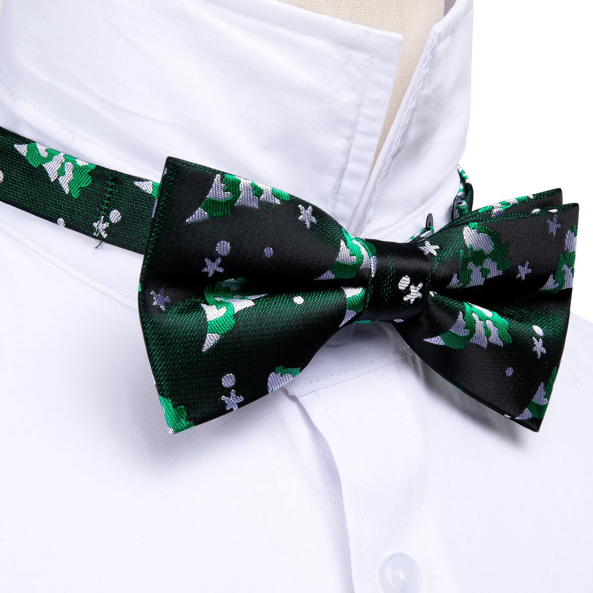 Emerald Green & White Christmas Tree Silk Bow Tie Set