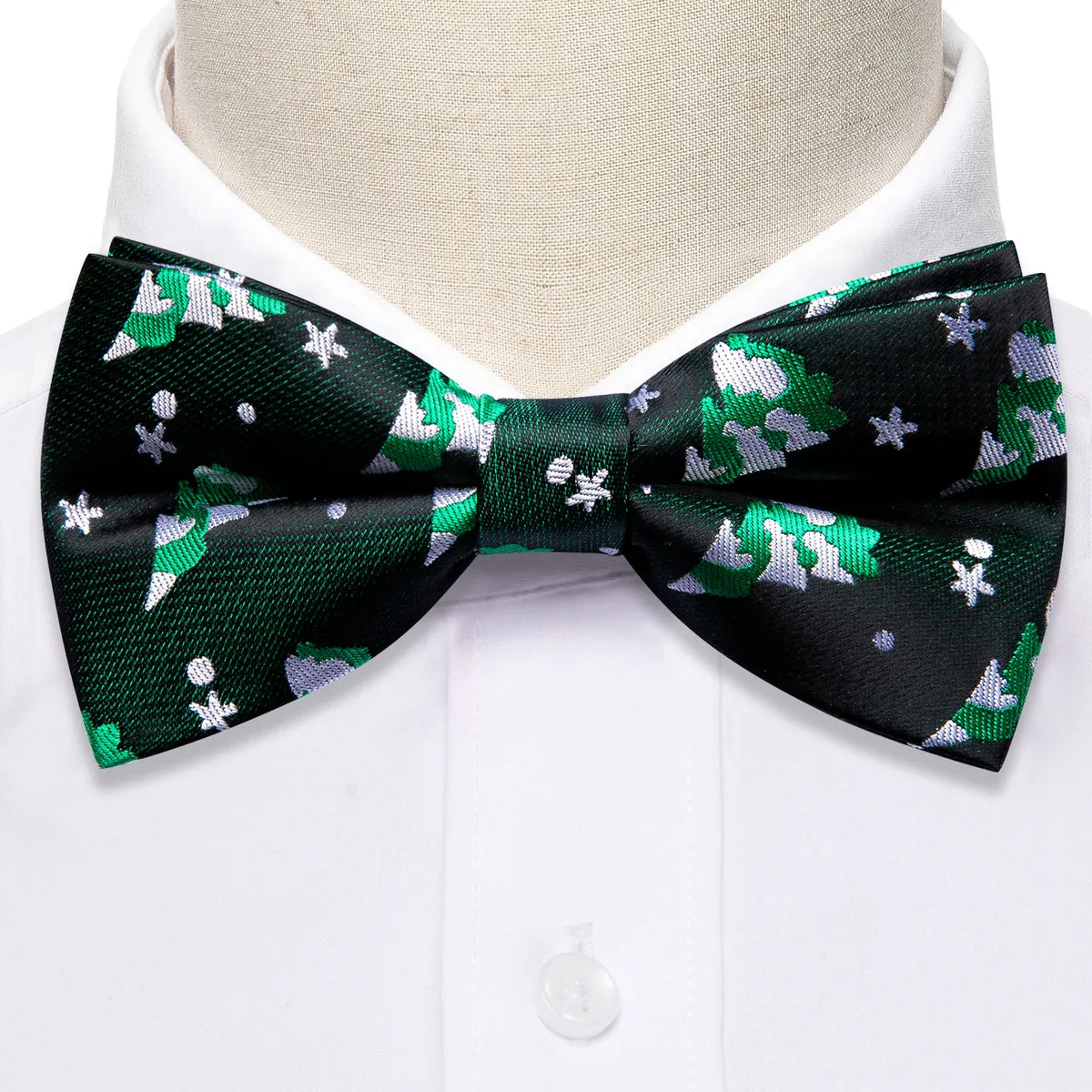 Emerald Green & White Christmas Tree Silk Bow Tie Set
