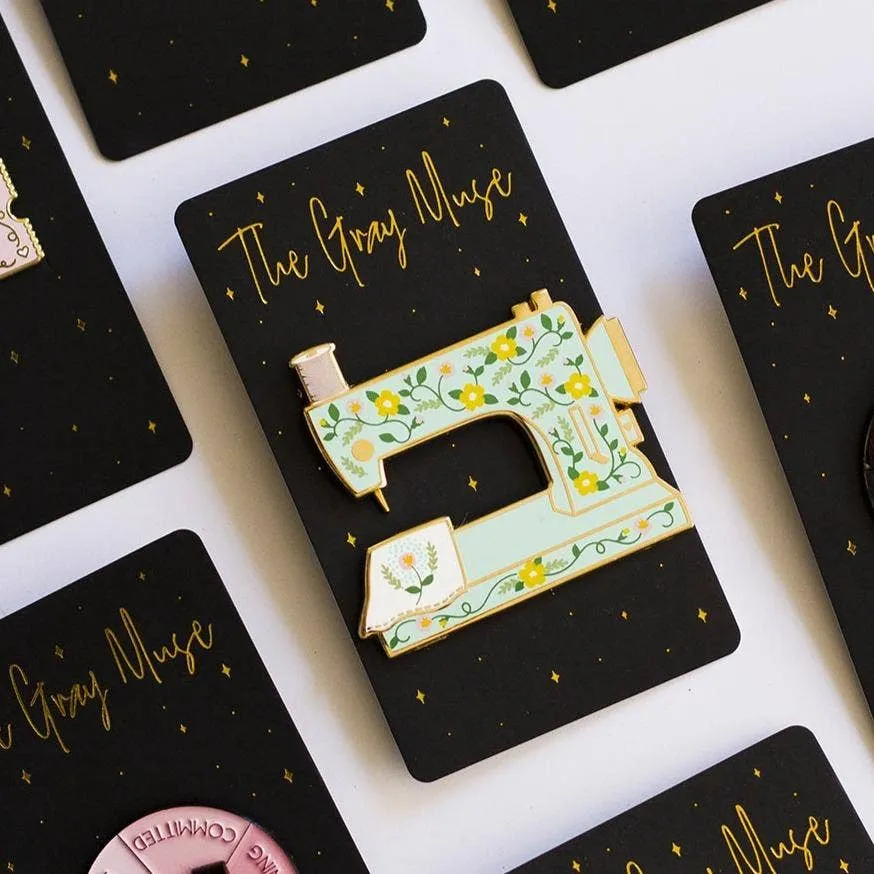 Floral Sewing Machine Enamel Pin Turquoise