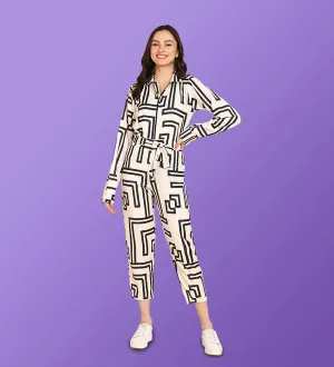 Geometric Printed Black And White Ladies Jumpsuit
