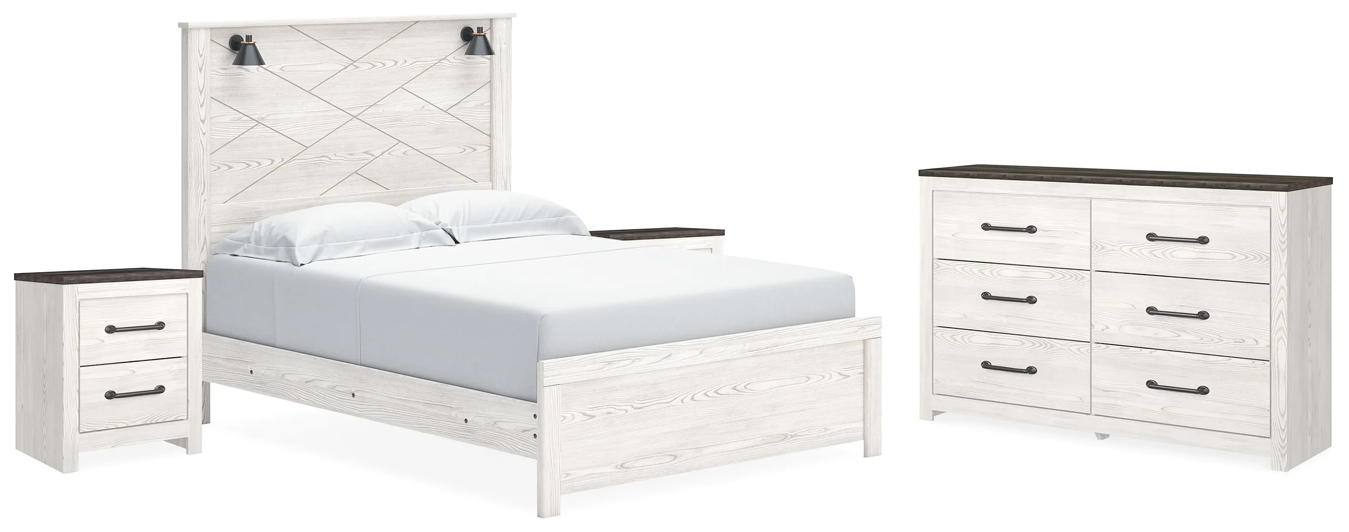 Gerridan Queen Panel Bed with Dresser and 2 Nightstands in White/Gray