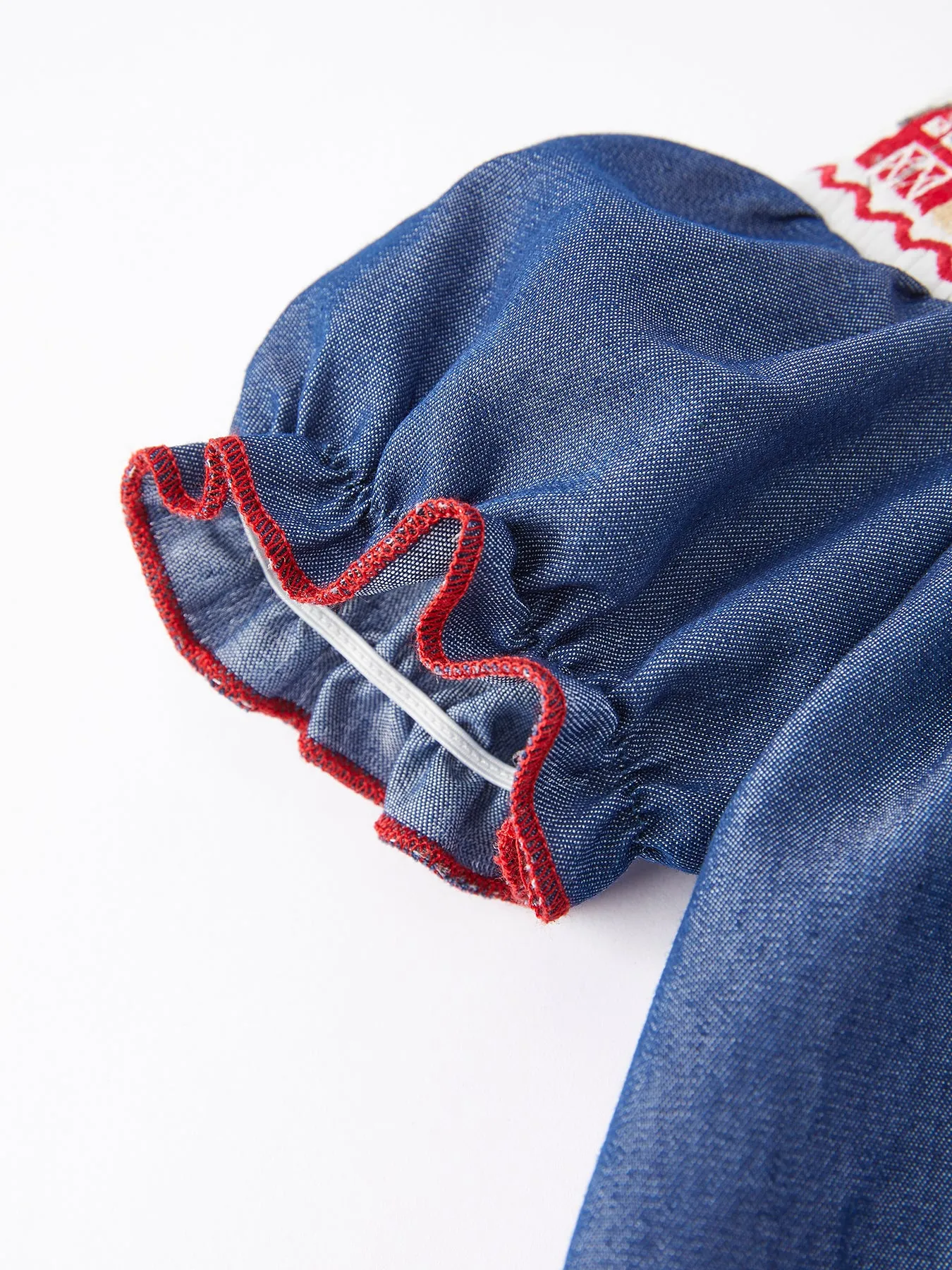 Girls Farm Smocking Embroidered Blue Romper