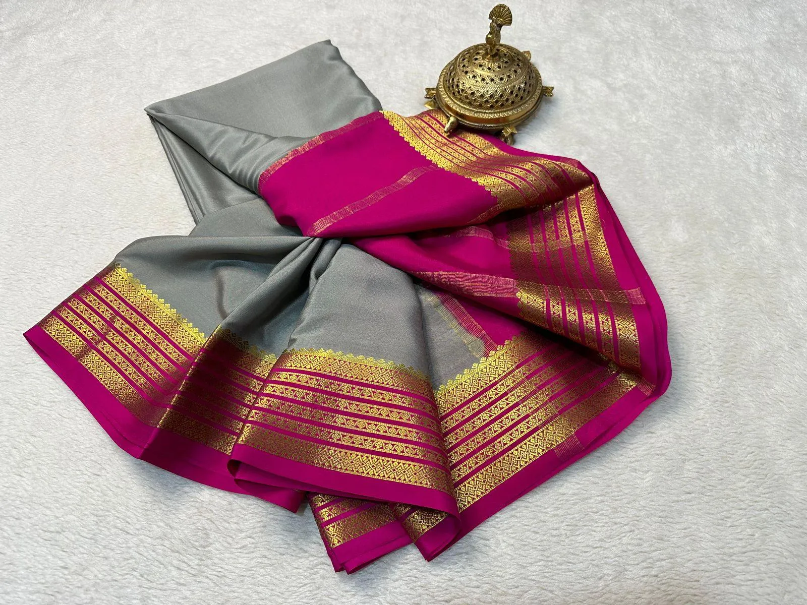 Glistening Grace: Pure Mysore Silk Saree with Shimmering Borders