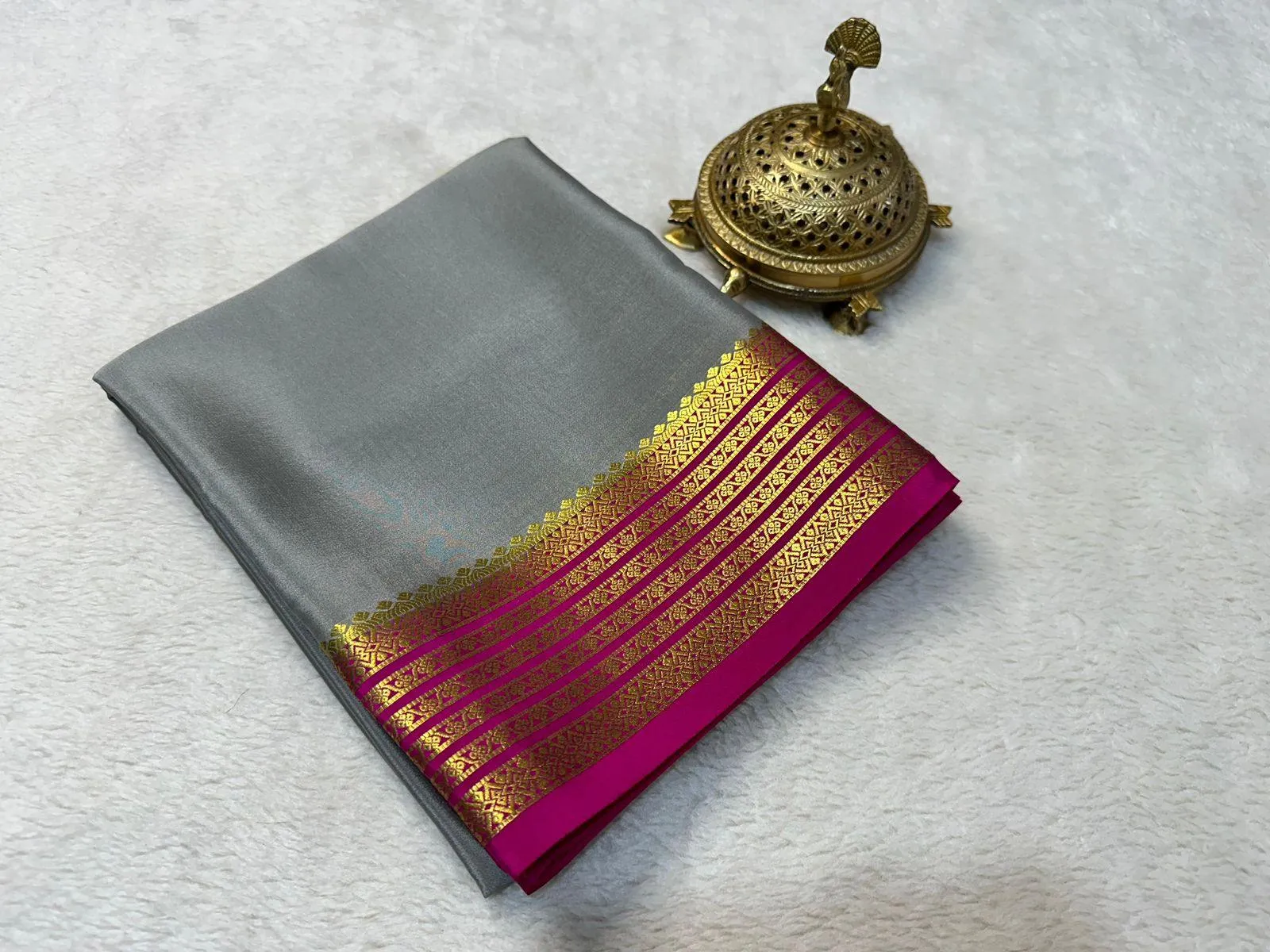 Glistening Grace: Pure Mysore Silk Saree with Shimmering Borders