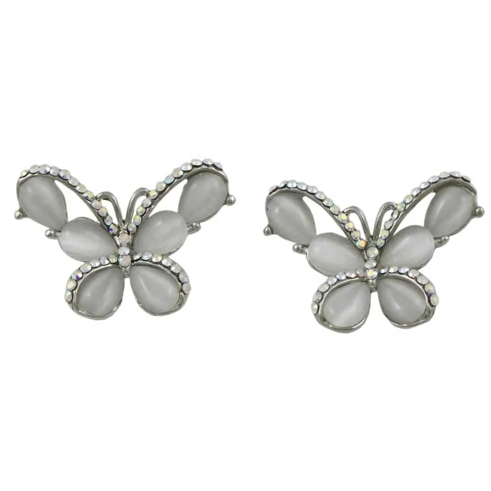 Gray Cats Eye Butterfly Edged with Crystals Pierced Earring - REC418