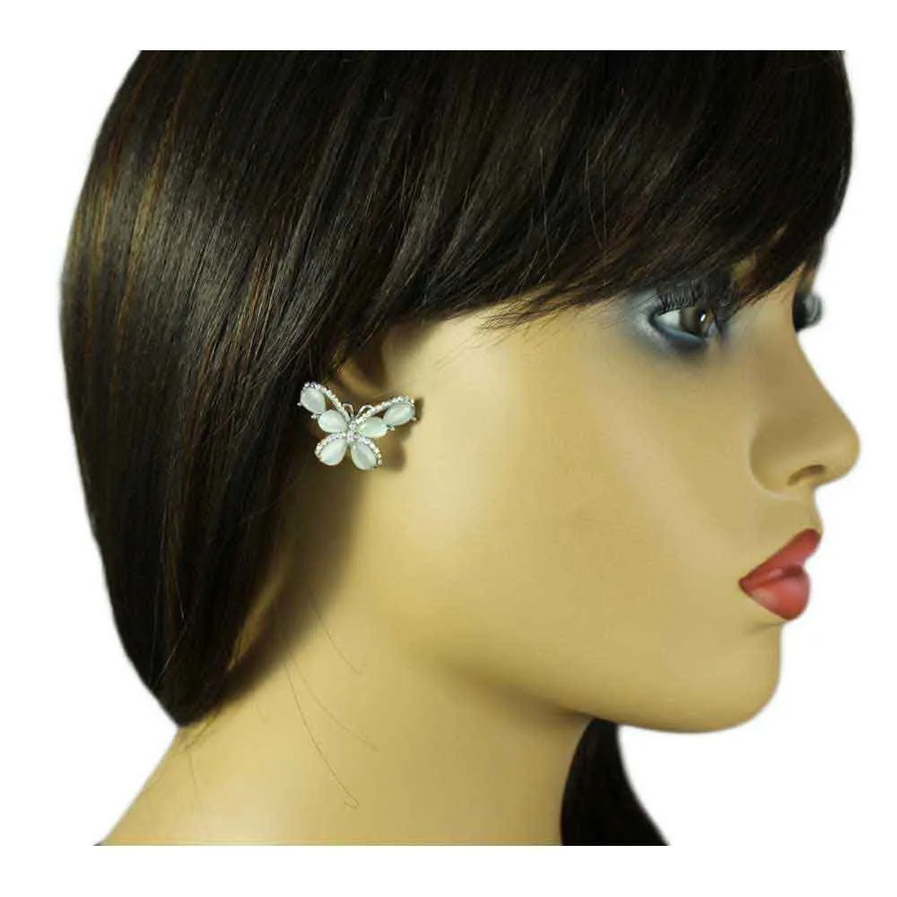 Gray Cats Eye Butterfly Edged with Crystals Pierced Earring - REC418