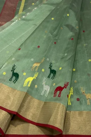 Green Chanderi Handloom Pure Katan Silk Saree - Elegant and Luxurious