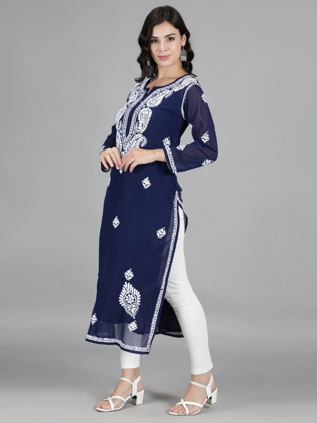 Hand Embroidered Navy Blue Chikankari Kurta
