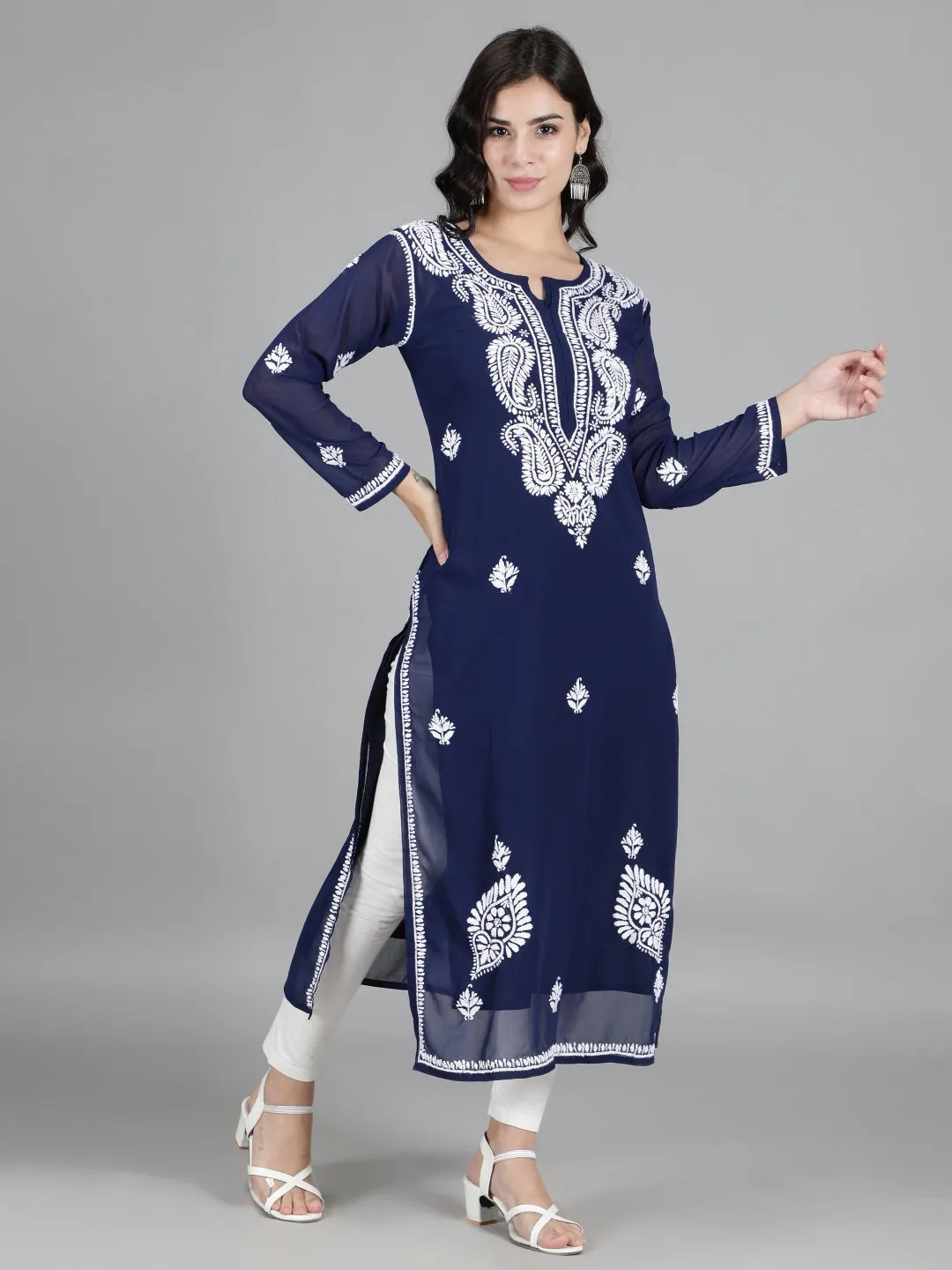 Hand Embroidered Navy Blue Chikankari Kurta