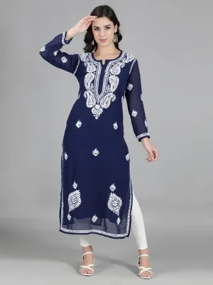 Hand Embroidered Navy Blue Chikankari Kurta