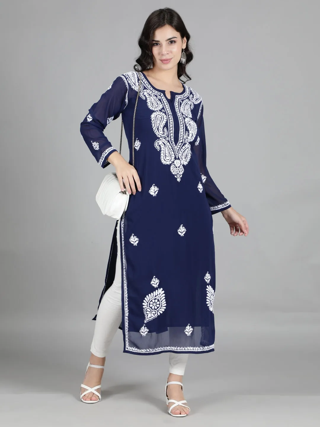 Hand Embroidered Navy Blue Chikankari Kurta