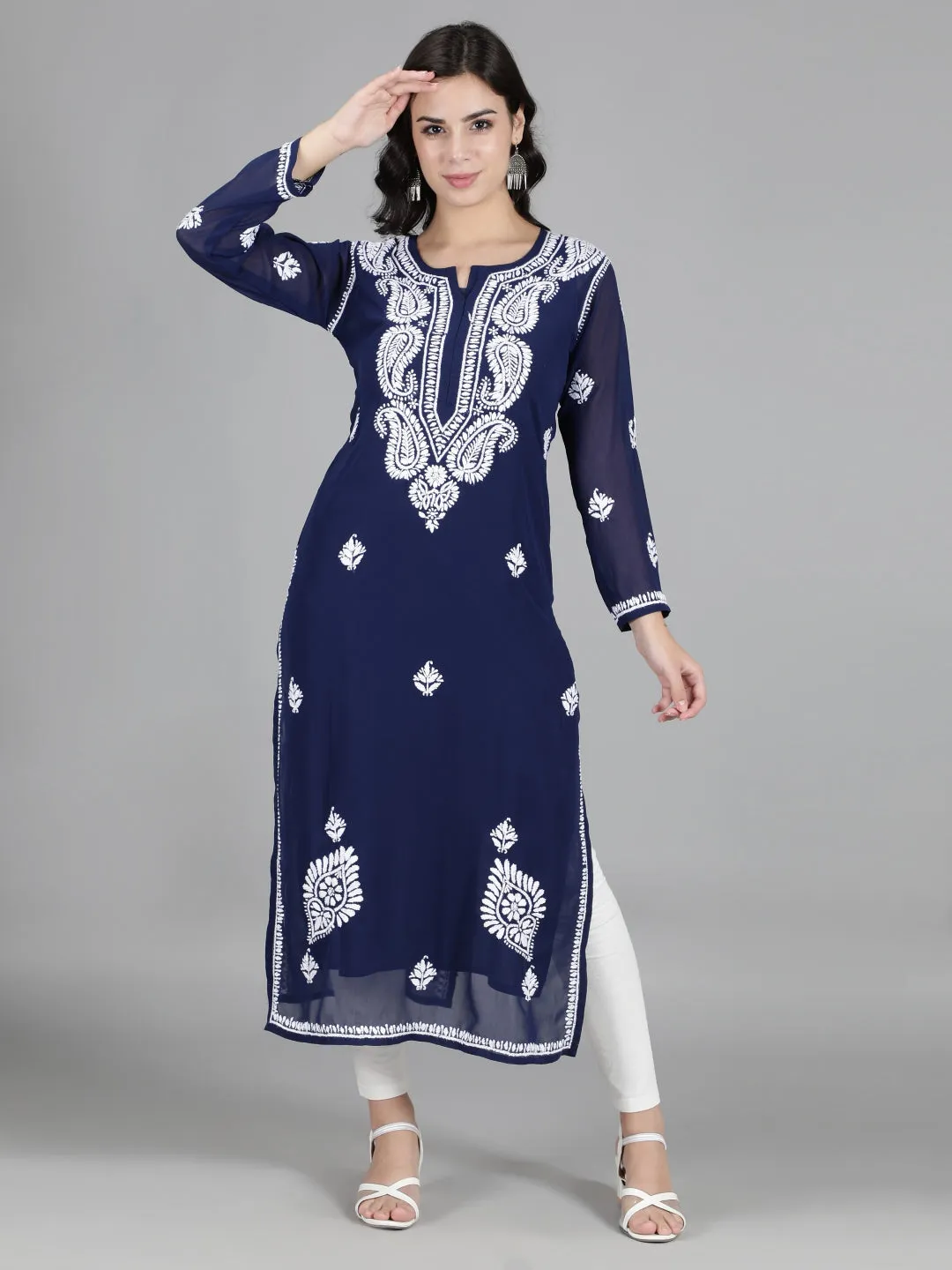 Hand Embroidered Navy Blue Chikankari Kurta