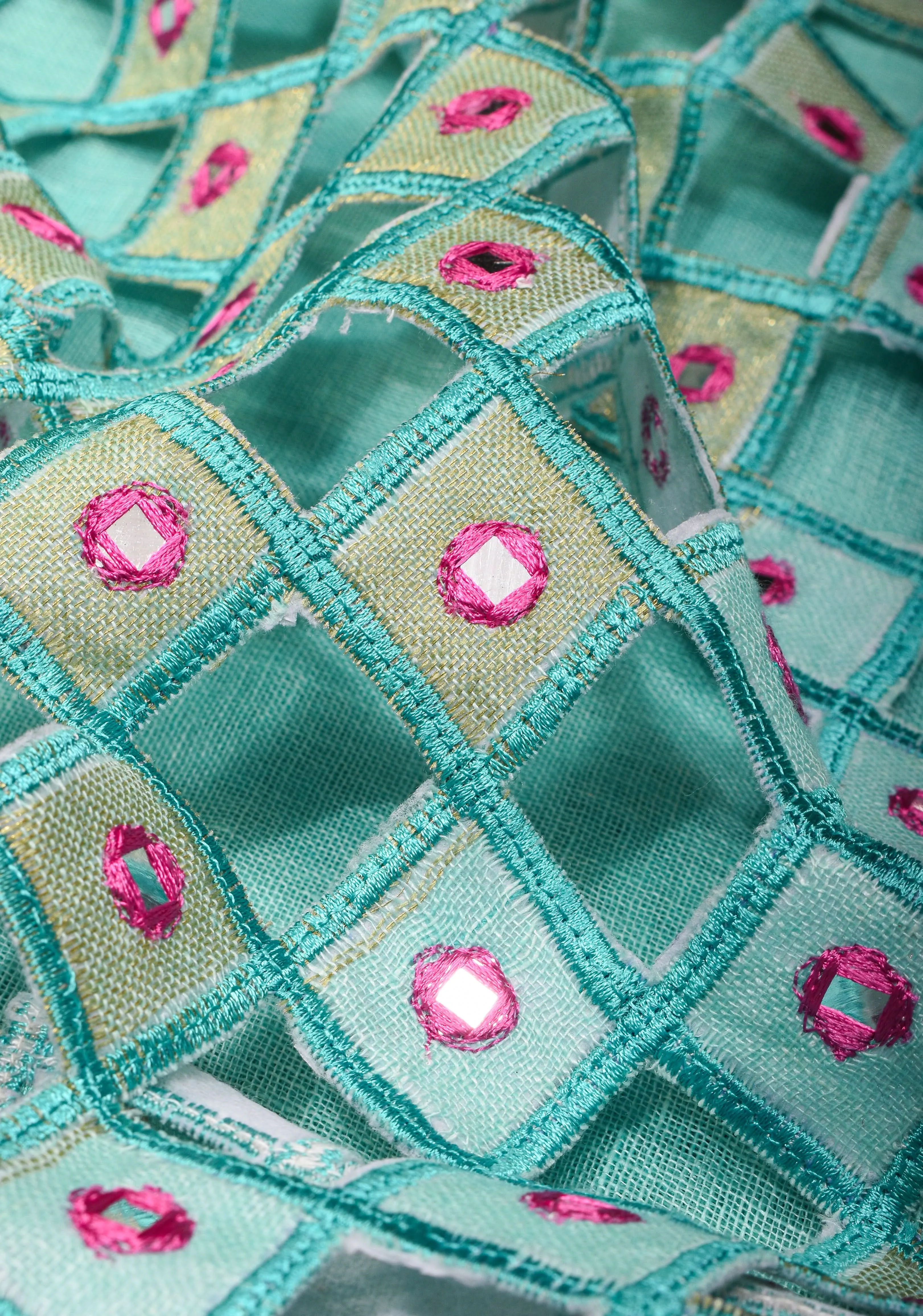 Jaali Pallu - Linen by Linen Cutwork with Pink embroidery Mirror work Saree in Aqua