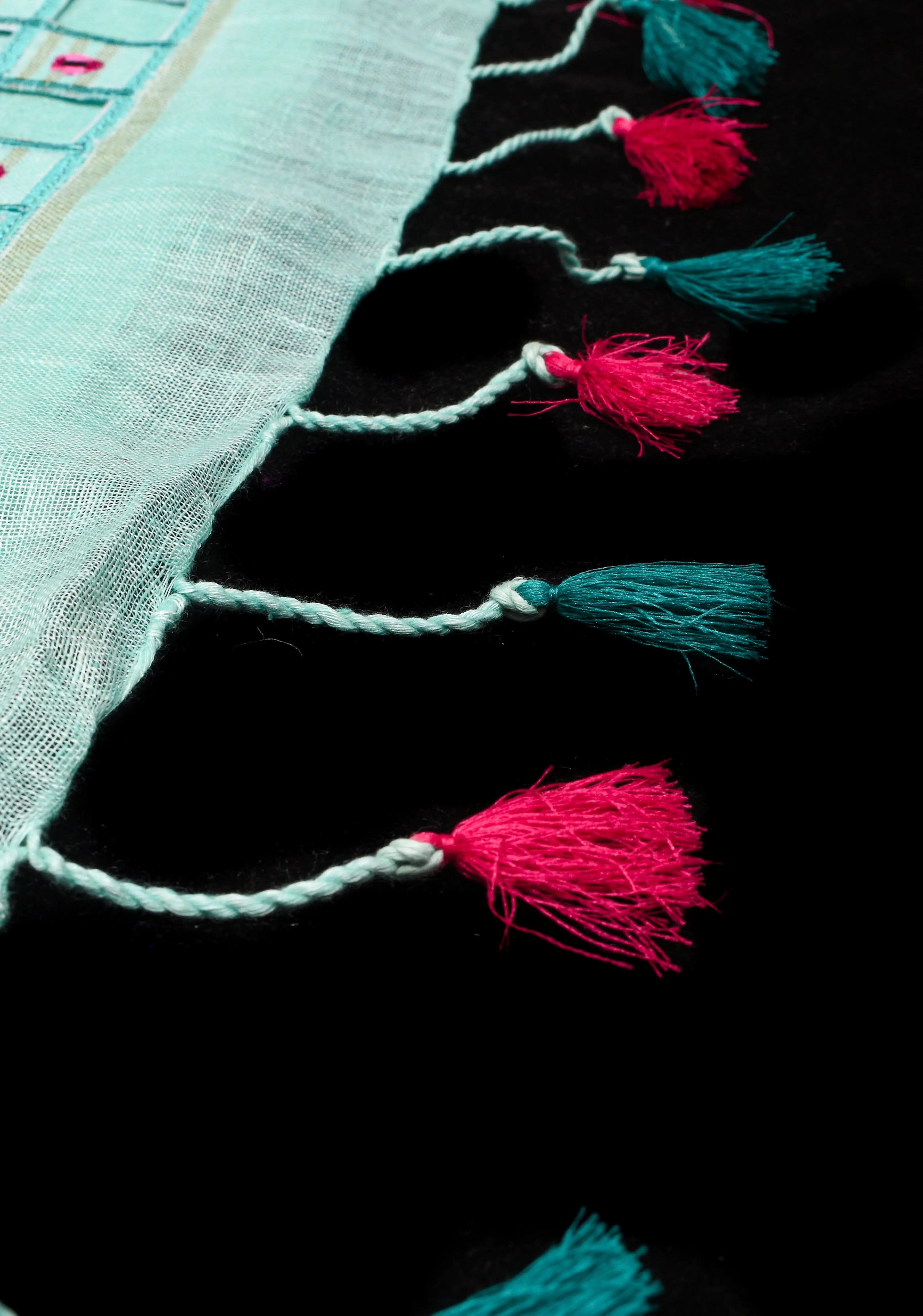 Jaali Pallu - Linen by Linen Cutwork with Pink embroidery Mirror work Saree in Aqua