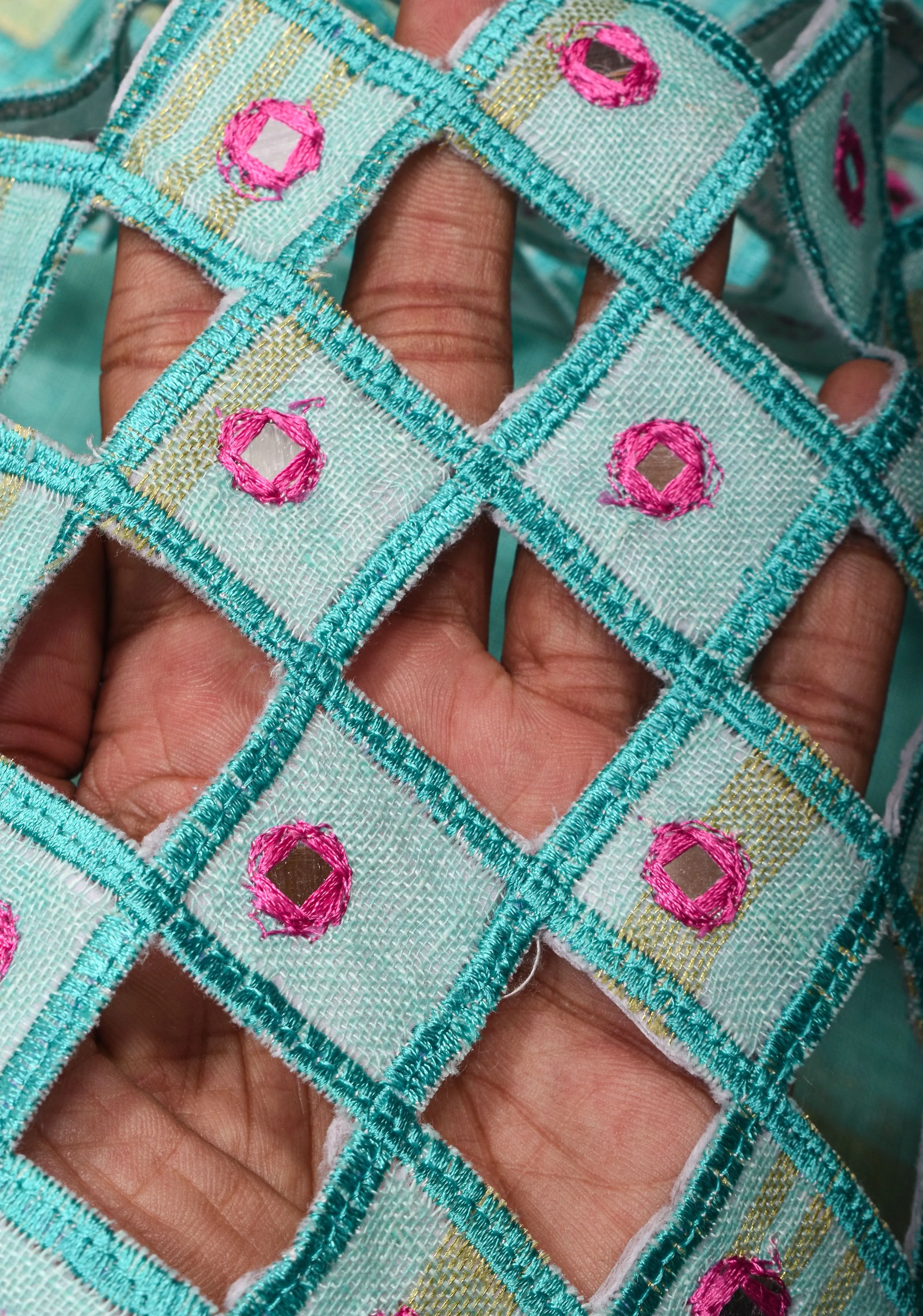 Jaali Pallu - Linen by Linen Cutwork with Pink embroidery Mirror work Saree in Aqua