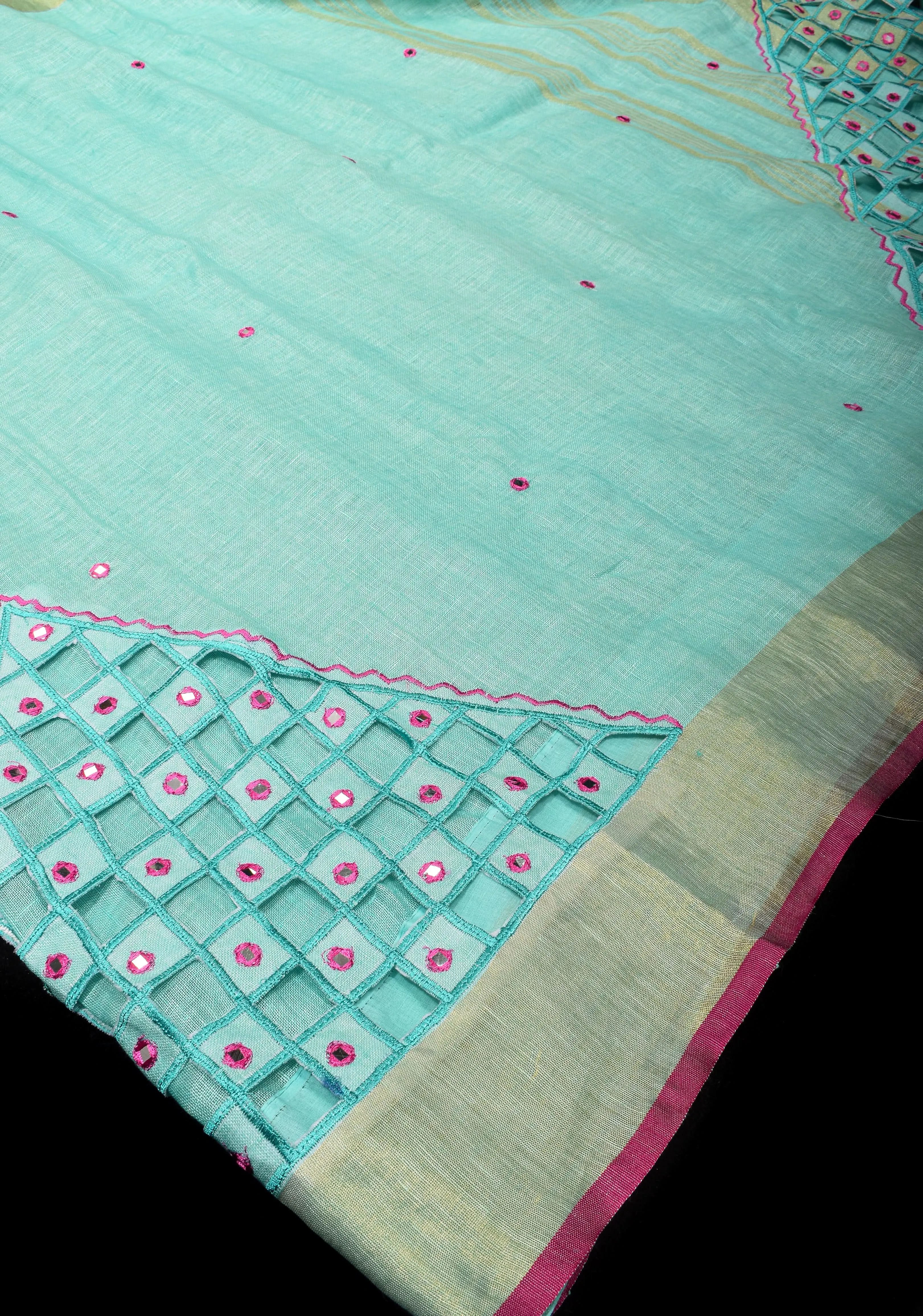 Jaali Pallu - Linen by Linen Cutwork with Pink embroidery Mirror work Saree in Aqua